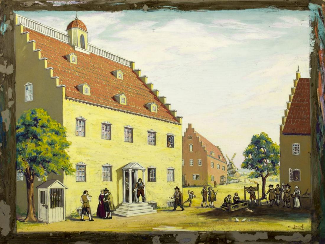 Henry Kurt Stoessel (NY,1909-1984) gouache on paper: ARTIST: Henry Kurt Stoessel (New York, Colorado, Germany, 1909 - 1984) NAME: Colonial New York City - Jail MEDIUM: gouache on paper YEAR: 1933 CONDITION: Excellent. Some wear/damages to edges. SIGHT S