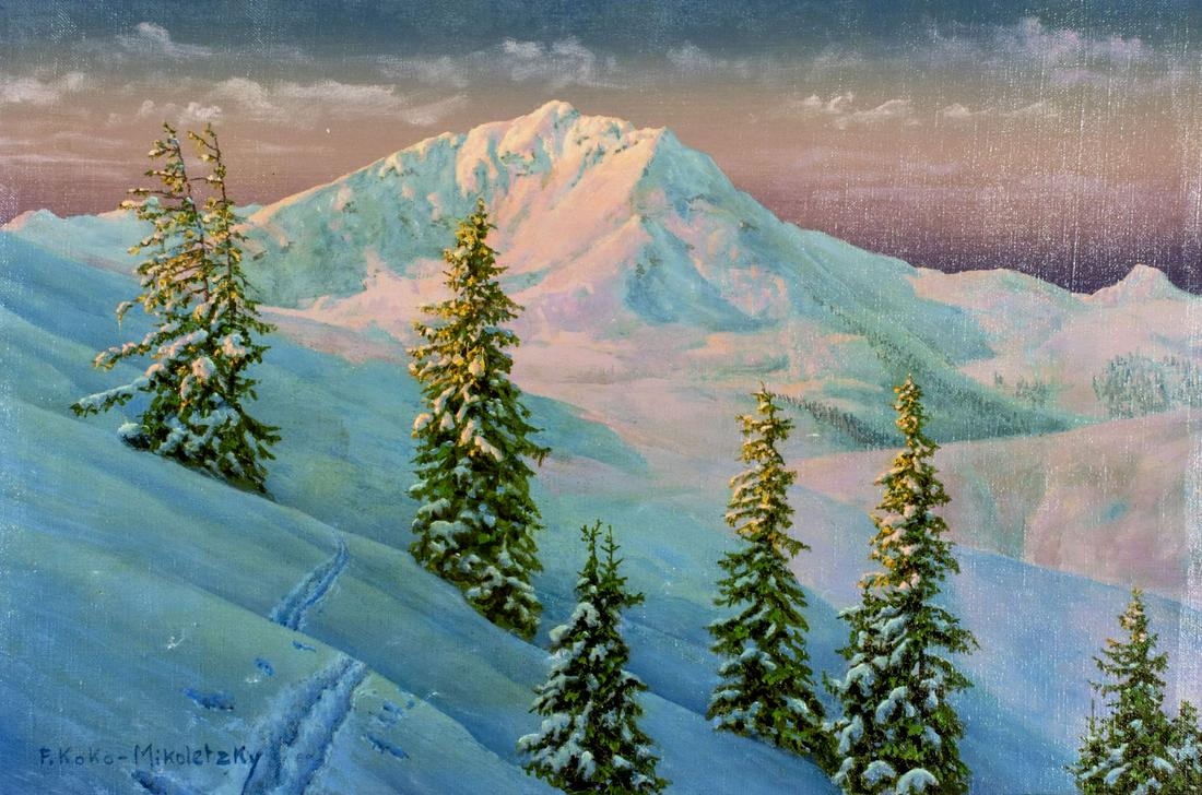 Friedrich Koko Micoletzky (Austria,Czech,1887-1981) oil: ARTIST: Friedrich Albin Koko Micoletzky (Austrian, Czech Republic, 1887 - 1981) NAME: Snowy Mountains - Der Gamperkogel MEDIUM: oil on canvas CONDITION: Very good. No visible inpaint under UV light. S