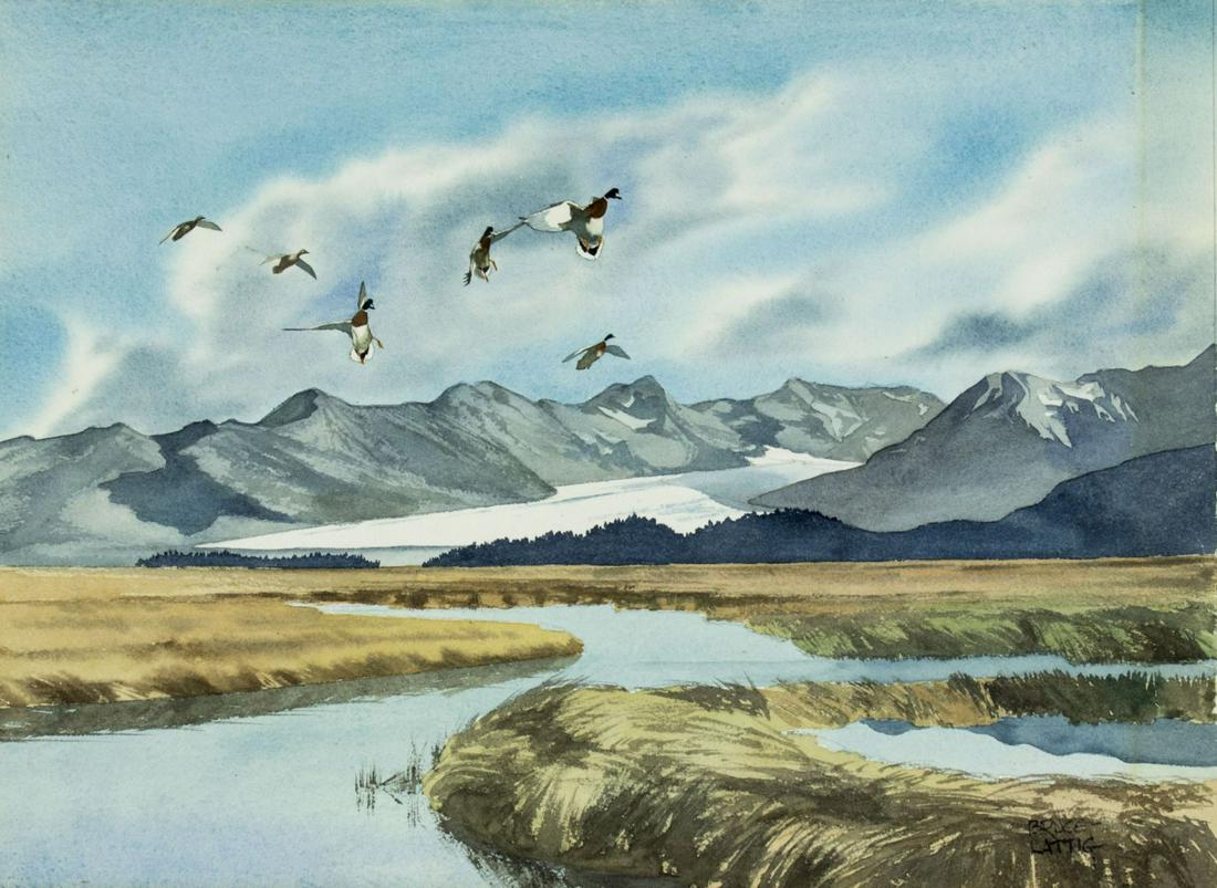 Bruce Lattig (CA,born 1933) watercolor painting: ARTIST: Bruce Lattig (California, born 1933) NAME: Ducks in Flight MEDIUM: watercolor on paper CONDITION: Very faint vertical crease line. SIGHT SIZE: 14 x 19 inches / 35 x 48 cm PAPER SIZE: 15 x 22 i