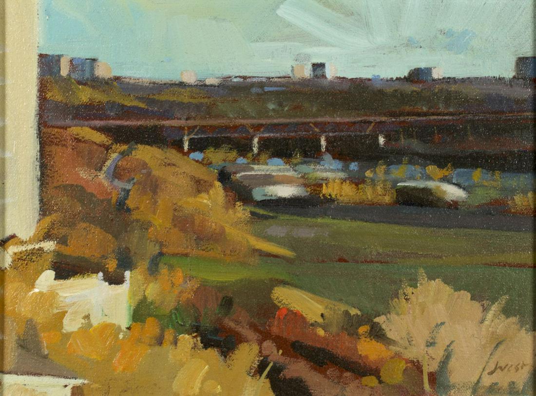 Jim Vest (Canada,born 1939) acrylic on canvas: ARTIST: Jim Vest (canadian, born 1939) NAME: Edmonton River Valley View 114st. and 99 ave Canada MEDIUM: acrylic on canvas CONDITION: Excellent. No visible inpaint under UV light. SIGHT SIZE: 9 x 12 i