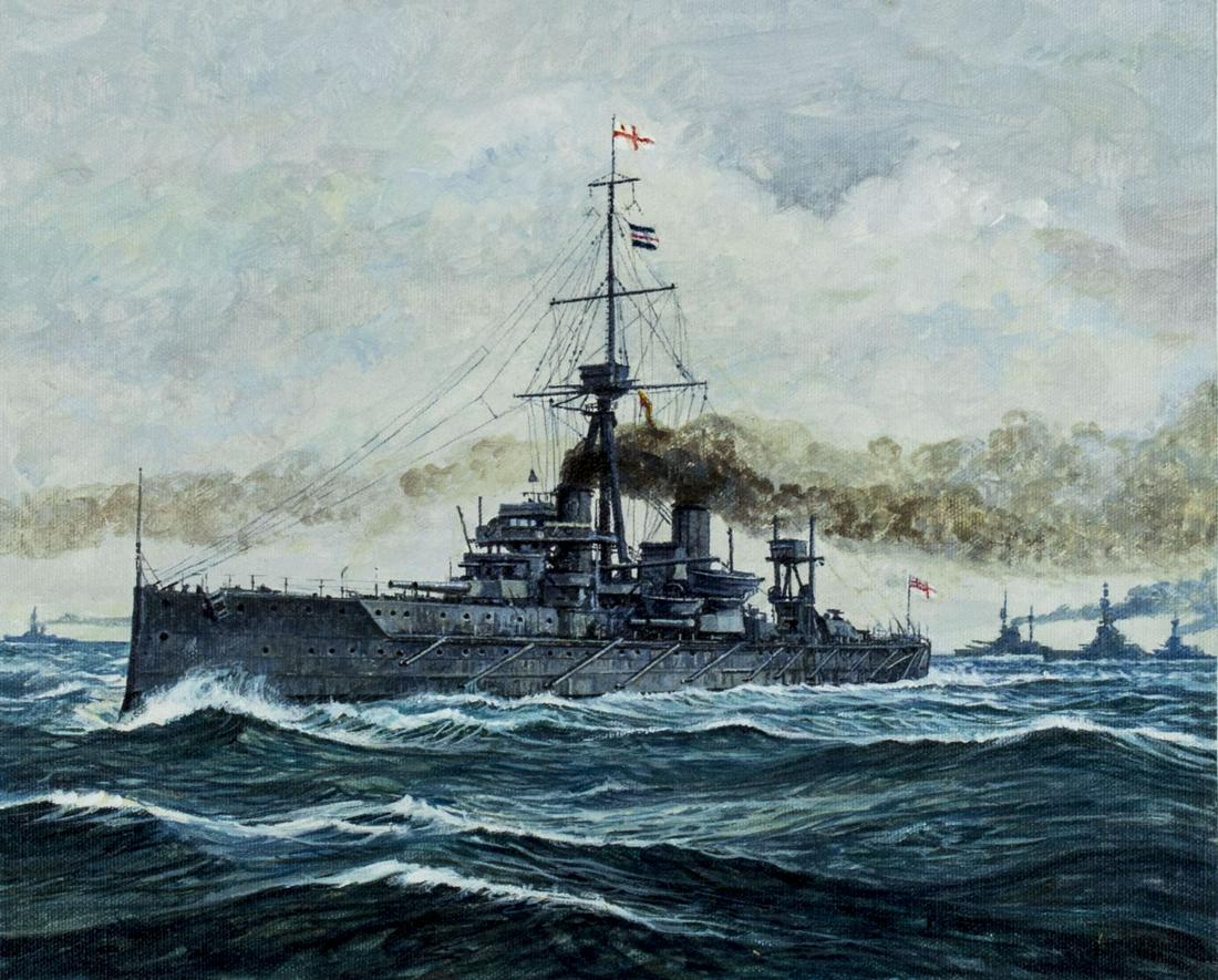 Brian Sanders (UK,born 1937) oil painting: ARTIST: Brian Sanders (United Kingdom, born 1937) NAME: HMS Dreadnought YEAR: 1998 MEDIUM: oil on board CONDITION: Excellent. No visible inpaint under UV light. SIGHT SIZE: 10 x 13 inches / 25 x 33 cm