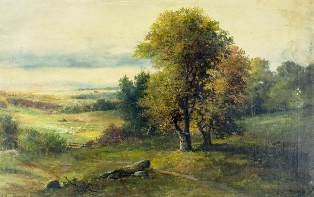 Earl Staufer (NY,early 20C) oil painting antique: ARTIST: Earl Staufer (New York, early 20 century) NAME: Landscape - Valley of Catskills MEDIUM: oil on canvas CONDITION: Few minor scratches/paint losses. Minor craquelure. No visible inpaint under UV