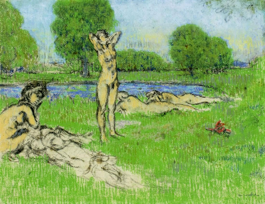 Karl Xavier Roussel (France,1867-1944) pastel painting: ARTIST: Karl Xavier Roussel (French, 1867 - 1944) NAME: Les Baigneuses MEDIUM: pastel on paper. Paper applied to board. CONDITION: Normal wear. Minor staining (upper right corner). Some age toning. SI