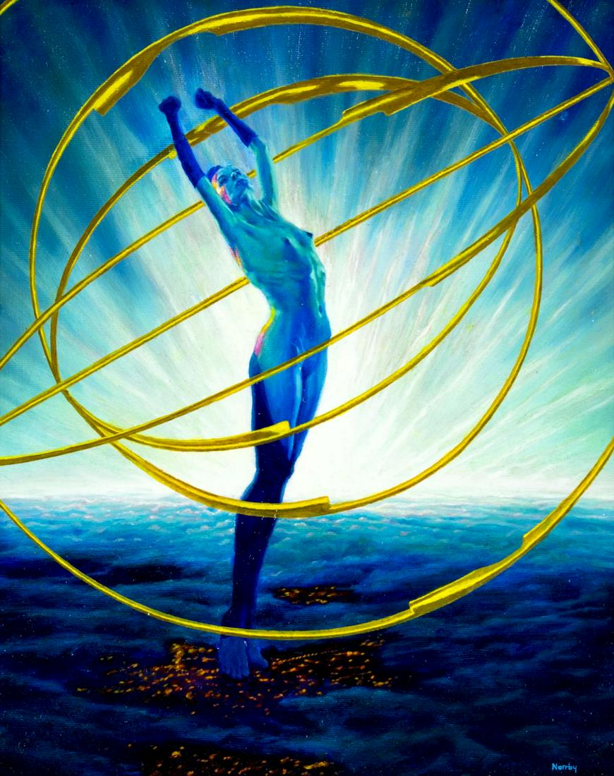 Billy Norrby (Sweden,NY,21C) oil painting: ARTIST: Billy Norrby (Swedish, New York, 21 century) NAME: Restless Blue MEDIUM: oil on canvas CONDITION: Very good. No visible inpaint under UV light. SIGHT SIZE: 16 x 13 inches / 40 x 33 cm FRAME SI