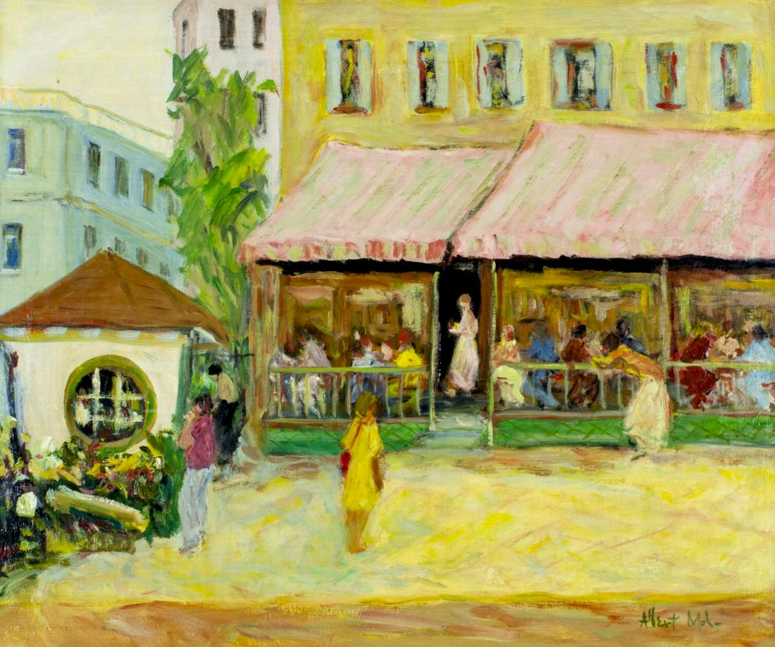 Albert Mohr (NY,France,1918-???) oil painting: ARTIST: Albert Mohr (New York, French, 1918 - ???) NAME: French Cafe Scene MEDIUM: oil on canvas CONDITION: Some craquelure. No visible inpaint under UV light. SIGHT SIZE: 20 x 24 inches / 50 x 60 cm