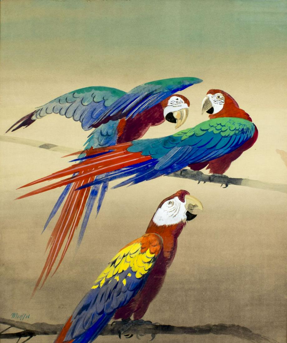 Julius Moessel (IL,German,1871-1957) gouache painting: ARTIST: Julius Moesel (Illinois, Germany, 1871 - 1957) NAME: Macaw Parrots YEAR: circa 1940s MEDIUM: gouache on board CONDITION: Very good. Framed under glass. SIGHT SIZE: 25 x 21 inches / 63 x 53 cm 