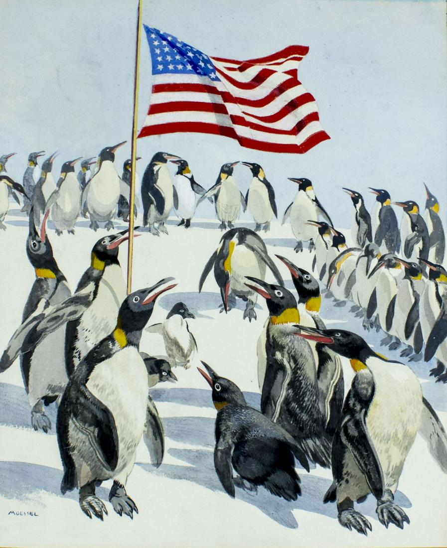 Julius Moessel (IL,German,1871-1957) watercolor: ARTIST: Julius Moesel (Illinois, Germany, 1871 - 1957) NAME: Penguins YEAR: 1940s MEDIUM: watercolor on paper CONDITION: Very good. Minor damages to mat. SIGHT SIZE: 25 x 21 inches / 63 x 53 cm FRAME 