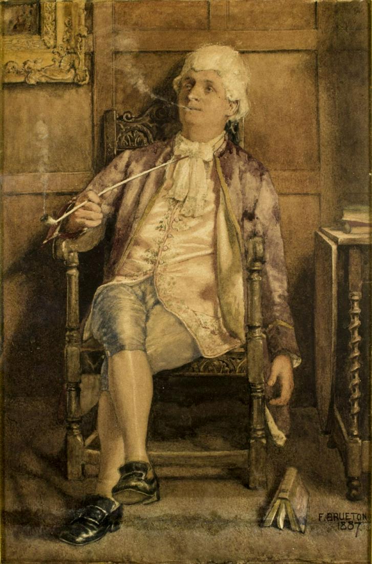 Frederick Brueton (british,act 1882-1911) watercolor on: ARTIST: Frederick Brueton (british, active 1882 - 1911) NAME: Man Smocking Pipe (1887) MEDIUM: watercolor on paper CONDITION: Excellent. Some age toning. Some damages to frame. SIGHT SIZE: 14 x 9 1/4