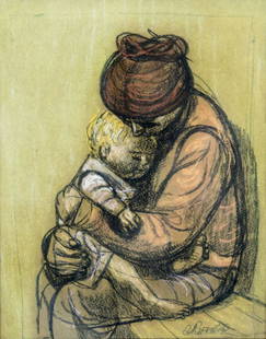 Anton Refregier (Russia,CA,1905-1979) pastel painting: ARTIST: Anton L Refregier (Russian, California, 1905 - 1979) NAME: Mother and Child MEDIUM: pastel on paper CONDITION: Very good. Framed under glass. SIGHT SIZE: 13 x 10 inches / 33 x 25 cm FRAME SIZE