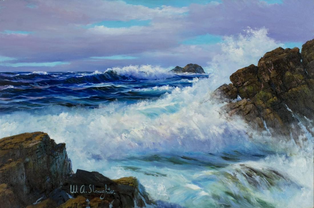 William Slaughter (CA,1923-2003) oil painting: ARTIST: William A Slaughter (California, 1923 - 2003) NAME: Seascape - Surf in Motion MEDIUM: oil on canvas CONDITION: Excellent. No visible inpaint under UV light. SIGHT SIZE: 24 x 36 inches / 60 x 9