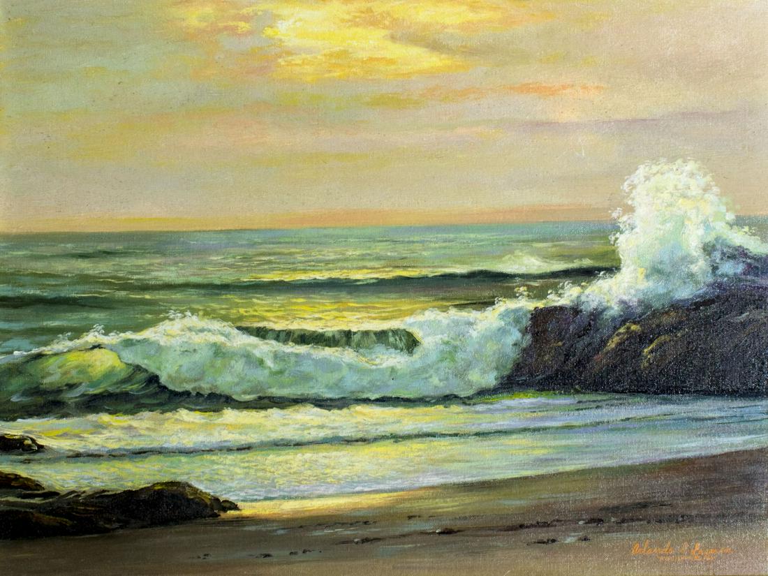 Orlando Lagman (US,Philippines,1936-2020) oil painting: ARTIST: Orlando S Lagman (American, Philippines, 1936 - 2020) NAME: Sunset Seascape YEAR: 1966 MEDIUM: oil on canvas board CONDITION: One faint scratch (1 1/2" long). No visible inpaint under UV light