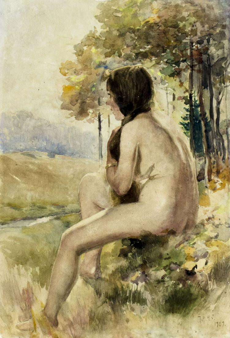 Mathias Joseph Alten (MI,CA,1871-1938) watercolor: ARTIST: Mathias Joseph Alten (Michigan, California, German, 1871 - 1938) NAME: Nude in an Outdoor Setting YEAR: 1907 MEDIUM: watercolor on paper CONDITION: Very good. Some age toning. SIGHT SIZE: 20 x