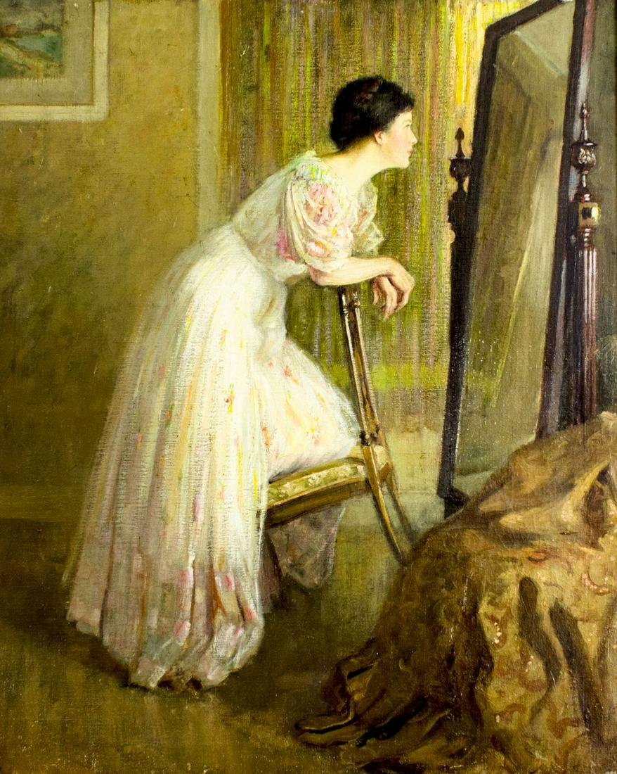 Abbott Fuller Graves (MA,ME,1859-1936) oil painting: ARTIST: Abbott Fuller Graves (Massachusetts, Maine, 1859 - 1936) NAME: Woman Looking into Mirror MEDIUM: oil on canvas. Canvas applied to board CONDITION: Very minor craquelure. Minor flaking. Minor d