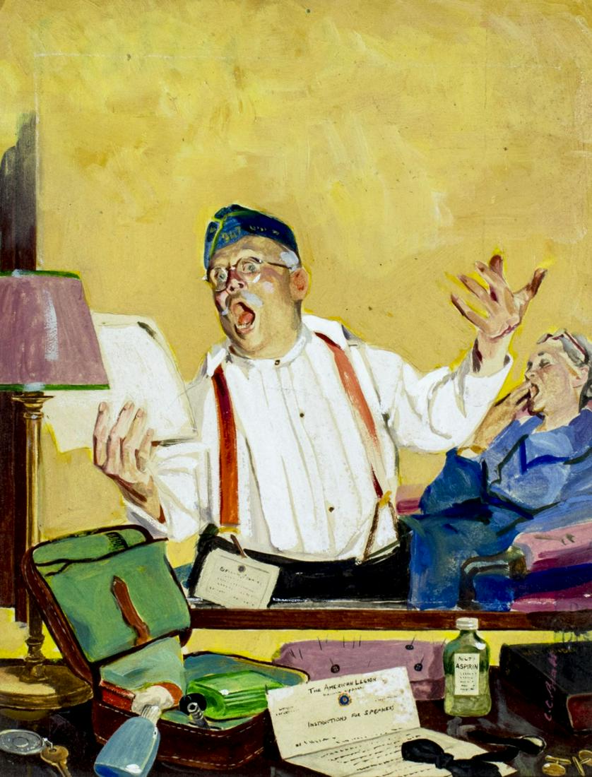 Cecil Calvert Beall (NY,WY,1892-1967) gouache painting: ARTIST: Cecil Calvert Beall (New York, Wyoming, 1892 - 1967) NAME: Illustration - Man rehearsing American Legion MEDIUM: gouache on board CONDITION: Minor damaghes to corners. No visible inpaint under