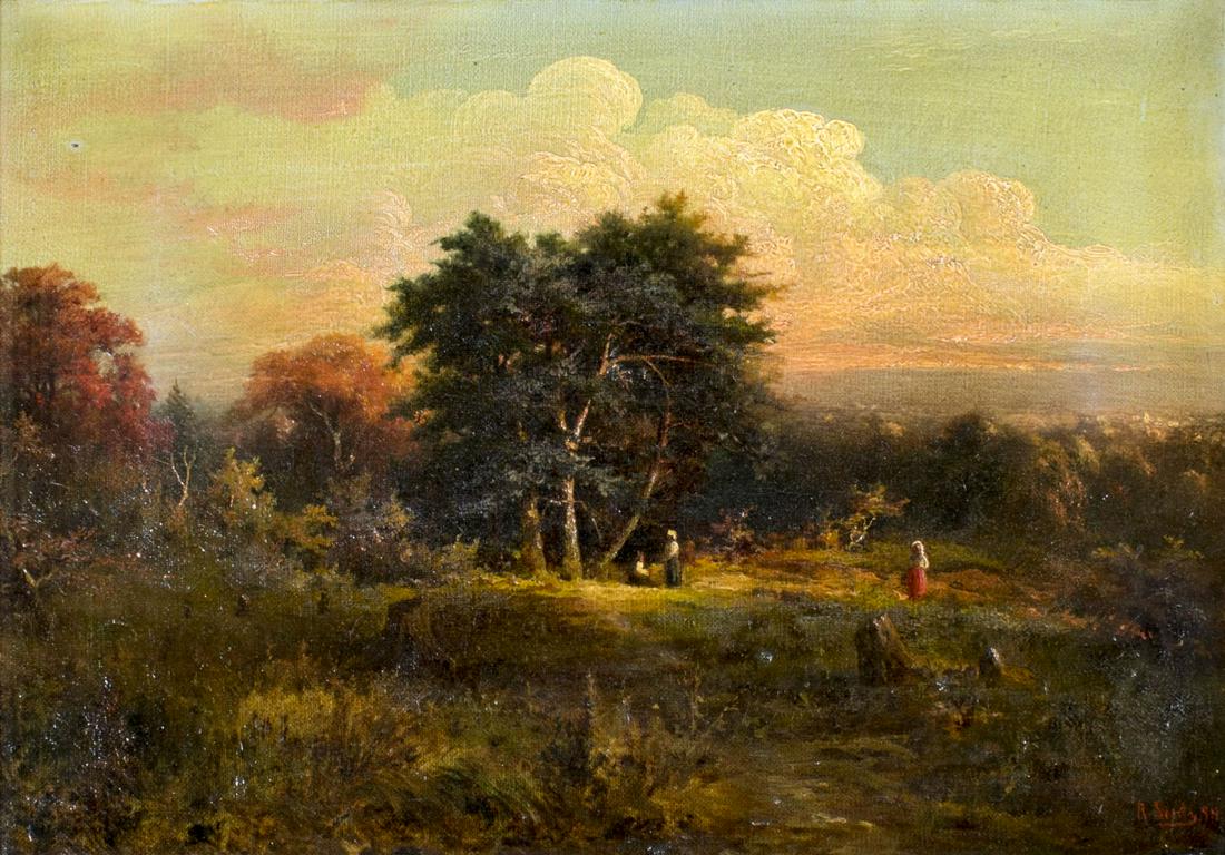 Richard Lentz (TX,German, 1857-1930) oil painting: ARTIST: Richard Lentz (Texas, Germany, 1857 - 1930) NAME: Sunset Landscape YEAR: 1895 MEDIUM: oil on canvas CONDITION: Very minor craquelure. No visible inpaint under UV light. Minor damages to frame.