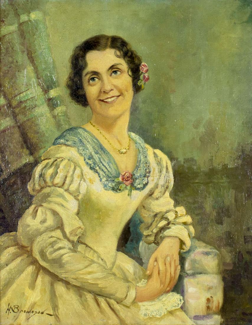 Harvey Brownson (MD,20C) oil painting: ARTIST: Harvey A. Brownson (Maryland, 20 century) NAME: Portrait of Woman MEDIUM: oil on canvas board CONDITION: One faint scratch. No visible inpaint under UV light. Wear to frame. SIGHT SIZE: 20 x 1
