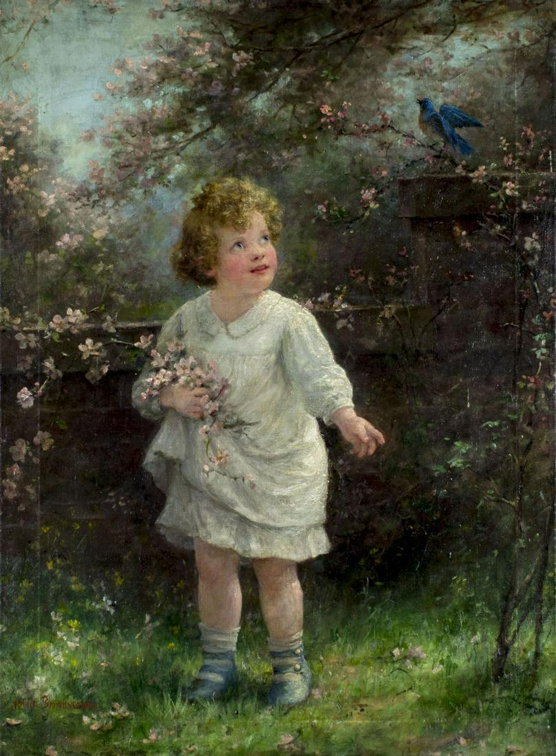 Jennie Augusta Brownscombe (NY,1850-1936) oil painting: ARTIST: Jennie Augusta Brownscombe (New York, 1850 - 1936) NAME: Blue Bird MEDIUM: oil on canvas CONDITION: Very good. One 1" long scratch. No visible inpaint under UV light. SIGHT SIZE: 30 x 22 1/2 i