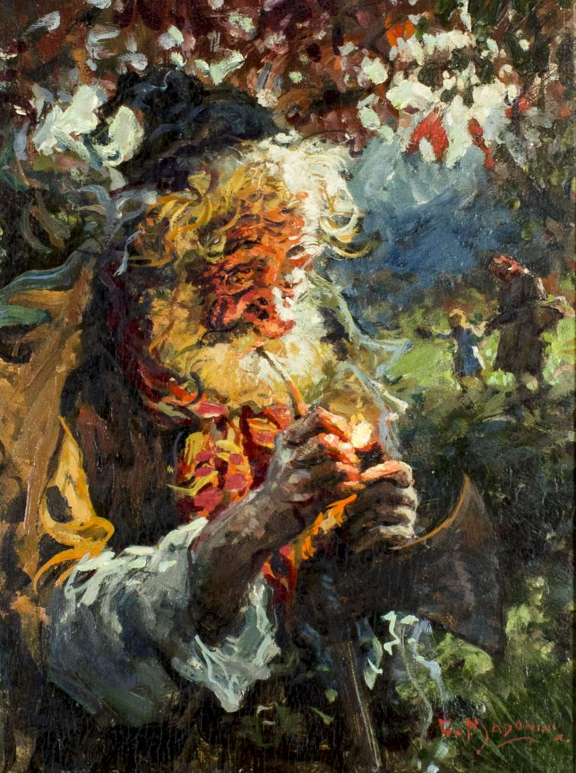 Giovanni Madonini (Italy,1915-1989) oil painting: ARTIST: Giovanni Madonini (Italian, 1915 - 2001) NAME: Old Man with Pipe YEAR: 1968 MEDIUM: oil on board CONDITION: Very good. Normal wear along edges. No visible inpaint under UV light. Minor damages