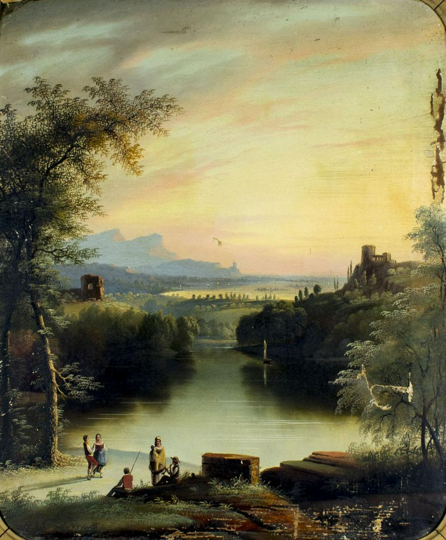 Edmund Coates (NY,England,1816-1871) oil painting: ARTIST: Edmund C Coates (New York, England, 1816 - 1871) NAME: Sunset Landscape YEAR: 1853 MEDIUM: oil on canvas CONDITION: AS IS. One tear (lower right). Paint lossess (mostly along right and bottom