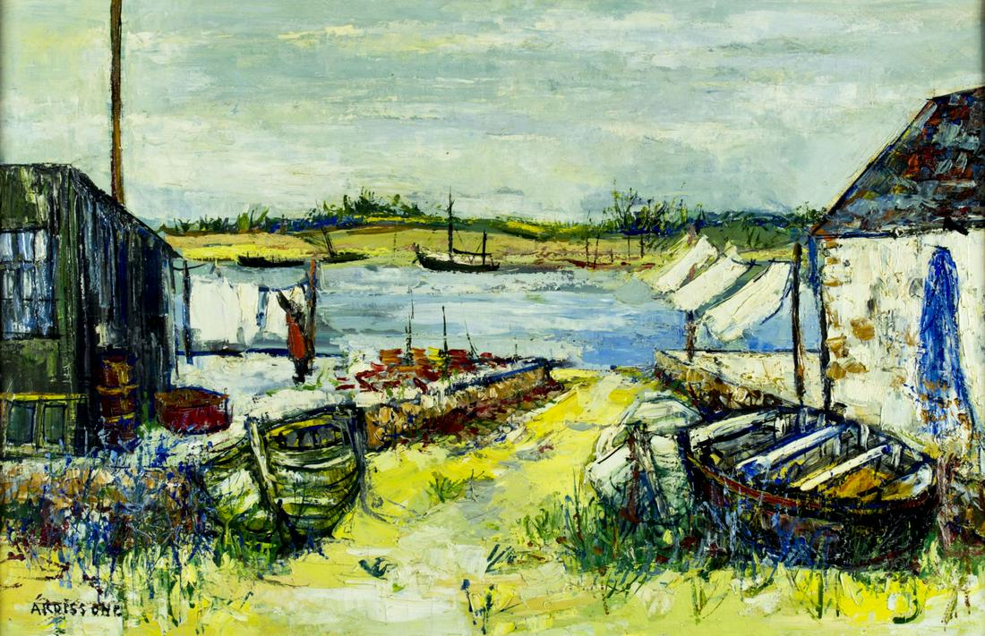 Yolande Ardissone (France,born 1927) oil painting: ARTIST: Yolande Ardissone (French, born 1927) NAME: Harbor Scene MEDIUM: oil on canvas CONDITION: Excellent. No visible inpaint under UV light. SIGHT SIZE: 25 x 39 inches / 63 x 98 cm FRAME SIZE: 30 x