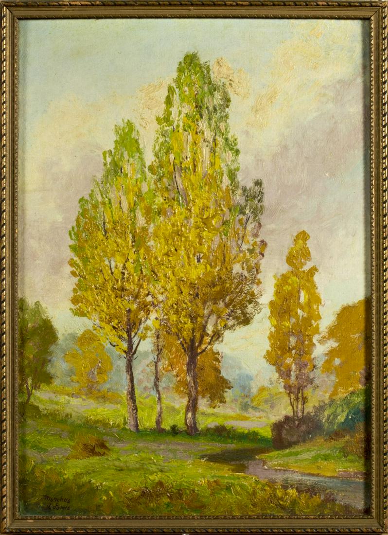 Manchus Carlton Loomis (IL,CA,1861-1938) oil painting: ARTIST: Manchus Carlton Loomis (Illinois, California, 1861 - 1938) NAME: Landscape MEDIUM: oil on board CONDITION: Excellent. No visible inpaint under UV light. SIGHT SIZE: 14 x 10 inches / 35 x 25 cm