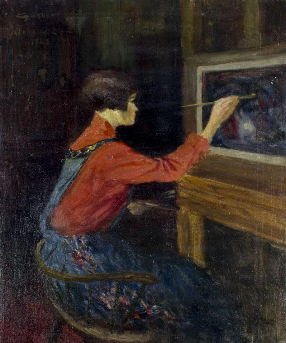 Henry Rosenberg (IL,NY,AL,NJ,1858-1947) oil painting: ARTIST: Henry Mortikar Rosenberg (Illinois, New York, Alabama, New Jersey, 1858 - 1947) NAME: The Painter YEAR: 1926 MEDIUM: oil on canvas CONDITION: Few scattered small inpantings mostly upper left q