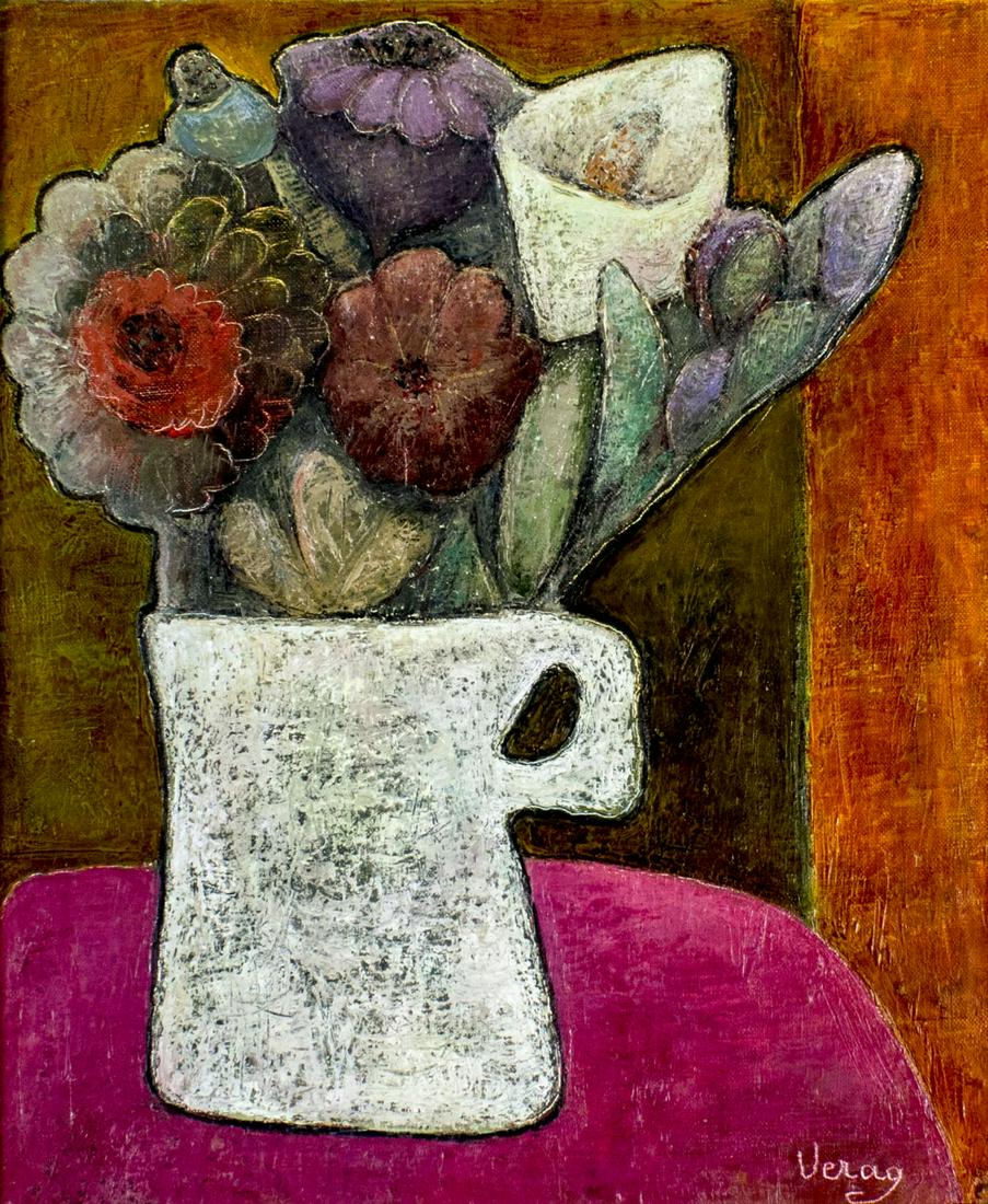 Lucienne Verag (Belgium,1914-1994) oil painting: ARTIST: Lucienne Verag (Belgian, 1914 - 1994) NAME: Still Life with Flowers MEDIUM: oil on canvas CONDITION: Very good. No visible inpaint under UV light. SIGHT SIZE: 18 x 15 inches / 45 x 38 cm FRAME