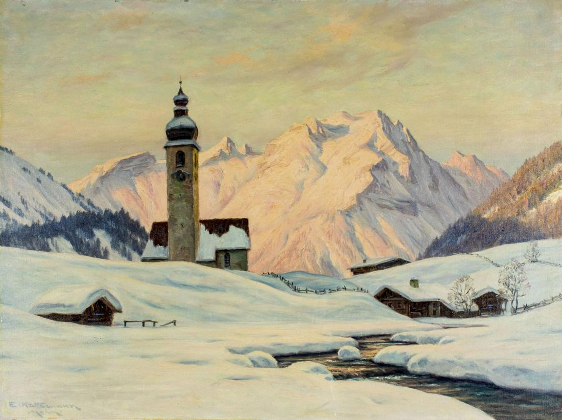 Erwin Kettemann (German,1897-1971) oil painting: ARTIST: Erwin Kettemann (Germany, 1897 - 1971) NAME: Landscape - Winter in Lech, Vorarlberg (titled on verso) MEDIUM: oil on canvas CONDITION: Very good. No visible inpaint under UV light. SIGHT SIZE: