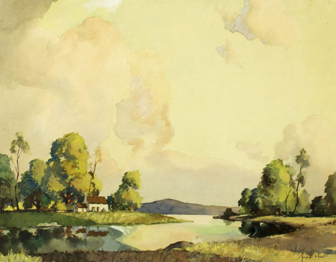 John Cuthbert Hare (MA,FL,1908-1978) watercolor on: ARTIST: John Cuthbert Hare (Massachusetts, Florida, 1908 - 1978) NAME: Landscape MEDIUM: watercolor on paper CONDITION: Excellent. Framed under glass. SIGHT SIZE: 21 x 27 inches / 53 x 68 cm FRAME SIZ