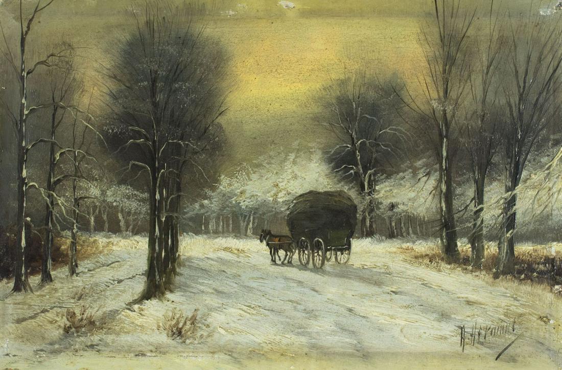 Antique 19C European oil painting signed Landscape: ARTIST: - (Europe, 19/20 century) NAME: Winter Landscape with Wagon YEAR: circa 1900 MEDIUM: oil on board CONDITION: Very good. No visible inpaint under UV light. SIGHT SIZE: 7 x 11 inches / 17 x 27 c