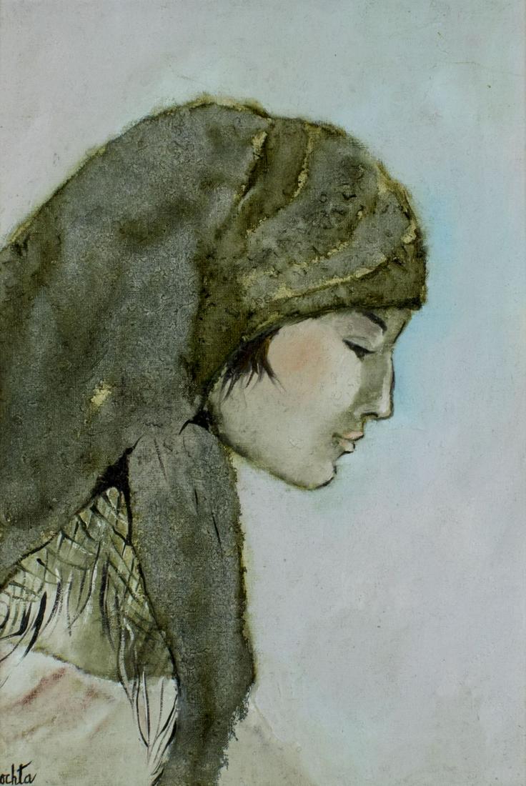 Ruth Kochta (NY,1924-2003) oil painting: ARTIST: Ruth Martha Kochta (New York, 1924 - 2003) NAME: Portrait - Farm Girl YEAR: 1970 MEDIUM: oil on canvas CONDITION: Very good. No visible inpaint under UV light. Some wear to frame. SIGHT SIZE: 