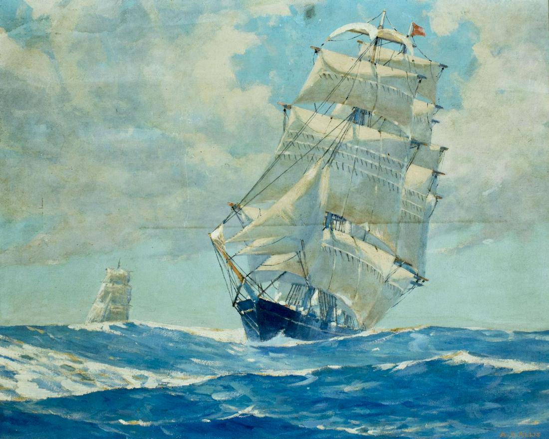 Arthur Allis (US,1904-1973) oil painting: ARTIST: Arthur S Allis (American, 1904 - 1973) NAME: Sail ship MEDIUM: oil on canvas board CONDITION: One faint scratch. No visible inpaint under UV light. Minor wear to frame. SIGHT SIZE: 16 x 20 inc