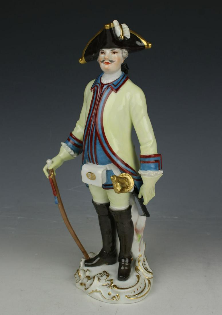 Meissen Kaendler Figurine 2665 "Saxon Soldier with: MANUFACTURE: Meissen (GERMANY) SCULPTOR: Johann Joachim Kaendler circa 1750 NAME: Saxon Soldier with Cane NUMBER: 2665 CONDITION: Handle and tip of sword were restored. HEIGHT: 9 inch / 23 cm WIDTH: 4