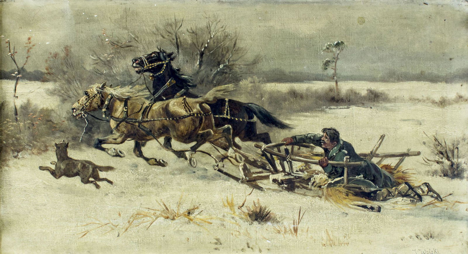 Jan Wolski (Poland,1907-1990) oil painting: ARTIST: Jan Wolski (Polish, 1907 - 1990) NAME: Man in Sled MEDIUM: oil on canvas CONDITION: Minor craquelure. No visible inpaint under UV light. Some damages to frame. SIGHT SIZE: 10 x 19 inches / 25