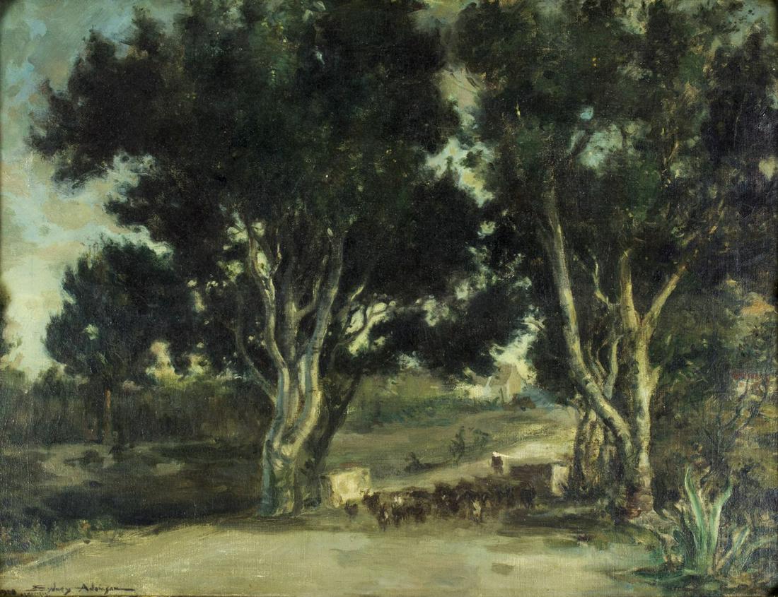 Sydney Adamson (NY,UK,Scotland,1872-1914) oil painting: ARTIST: Sidney Blair W Adamson (New York, British, Scottish, 1872 - 1914) NAME: Landscape - Algeciras YEAR: 1908 MEDIUM: oil on canvas CONDITION: One puncture. Very minor craquelure. No visible inpain
