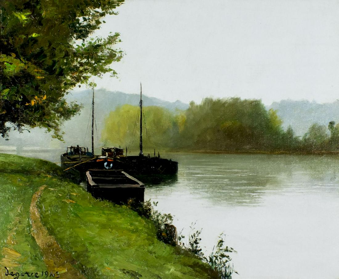 Georges Leo Degorce (French,1894-1943) oil painting: ARTIST: Georges Leo Degorce (France, 1894 - 1943) NAME: River Landscape YEAR: 1943 MEDIUM: oil on canvas CONDITION: Very good. Very minor craquelure. No visible inpaint under UV light. Wear to frame.