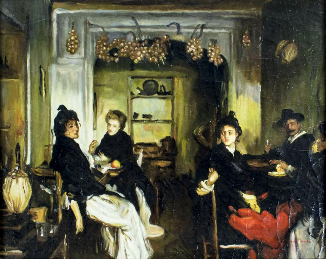 Trevor James (US,mid 20C) oil painting: ARTIST: Trevor James (American, mid 20 century) NAME: Venetian Wine Shop MEDIUM: oil on canvas CONDITION: Craquelure. No visible inpaint under UV light. Original frame. SIGHT SIZE: 16 x 20 inches / 40