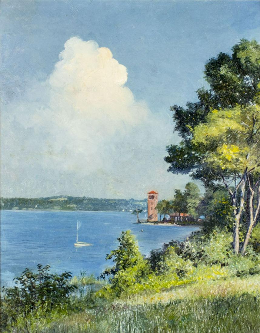 Frank Von Der Lancken (OK,1872-1950) oil painting: ARTIST: Frank von der Lancken (Oklahoma, 1872 - 1950) NAME: Landscape - Connecticut River (titled on verso) MEDIUM: oil on canvas CONDITION: Few minor scattered inpaintings. SIGHT SIZE: 20 x 16 inches