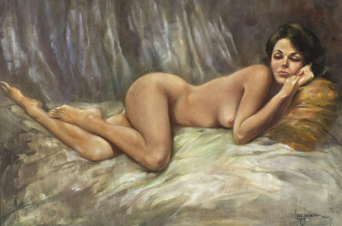 Leo Jansen (CA,NY,Dutch,1930-1980) oil painting: ARTIST: Leo Jansen (California, New York, Netherlands, 1930 - 1980) NAME: Nude Reclining YEAR: 1965 MEDIUM: oil on canvas CONDITION: Few very minor paint losses. No visible inpaint under UV light. SIG