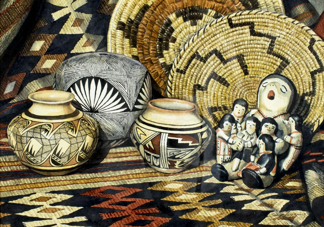 Sonya Terpening (TX,OK,born 1953) watercolor painting: ARTIST: Sonya Terpening (Texas, Oklahoma, born 1953) NAME: Still Life MEDIUM: watercolor on paper CONDITION: Excellent. Framed under glass. SIGHT SIZE: 12 x 17 inches / 30 x 43 cm FRAME SIZE: 19 x 24