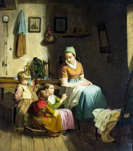 Johann Georg Meyer von Bremen (German,1813-1886) oil: ARTIST: Johann Georg Meyer (Germany, 1813 - 1886) NAME: Mother and Children MEDIUM: oil on canvas CONDITION: Very good. Minor craquelure. No visible inpaint under UV light. SIGHT SIZE: 17 x 15 inches