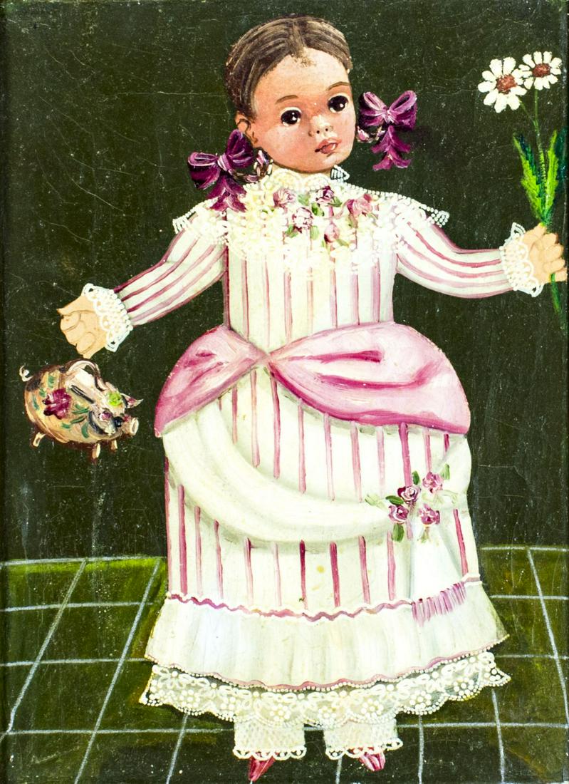 Agapito Labios (Mexico,1898-1996) oil painting: ARTIST: Agapito Labios (Mexico, 1898 - 1996) NAME: Girl with Flowers MEDIUM: oil on canvas CONDITION: Some craquelure. Minor paint losses along edges. No visible inpaint under UV light. SIGHT SIZE: 11