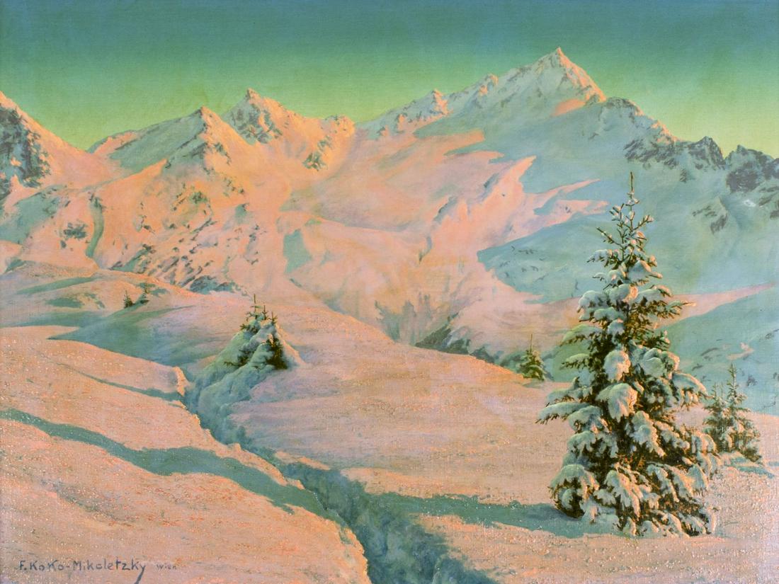 Friedrich Koko Micoletzky (Austria,Czech,1887-1981) oil: ARTIST: Friedrich Albin Koko Micoletzky (Austrian, Czech Republic, 1887 - 1981) NAME: Winter Alpine Landscape MEDIUM: oil on canvas CONDITION: One puncture along left edge. No visible inpaint under UV