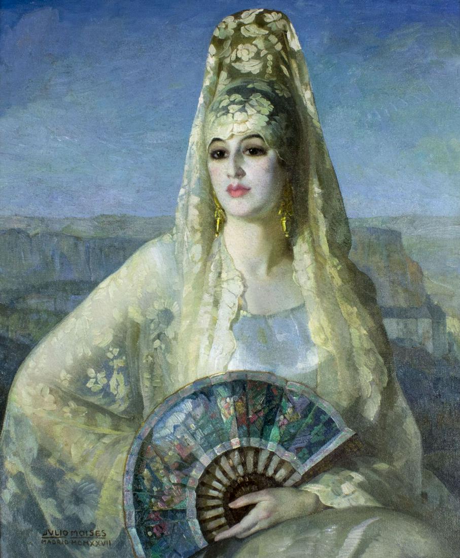 Julio Moises de Villasa (Spain,1888-1968) oil painting: ARTIST: Julio Moises Fernandez de Villasa (Spanish, 1888 - 1968) NAME: Spanish Woman with Fan MEDIUM: oil on canvas CONDITION: One repaired tear 5" long. Minor craquelure. Some scattered inpainting. S