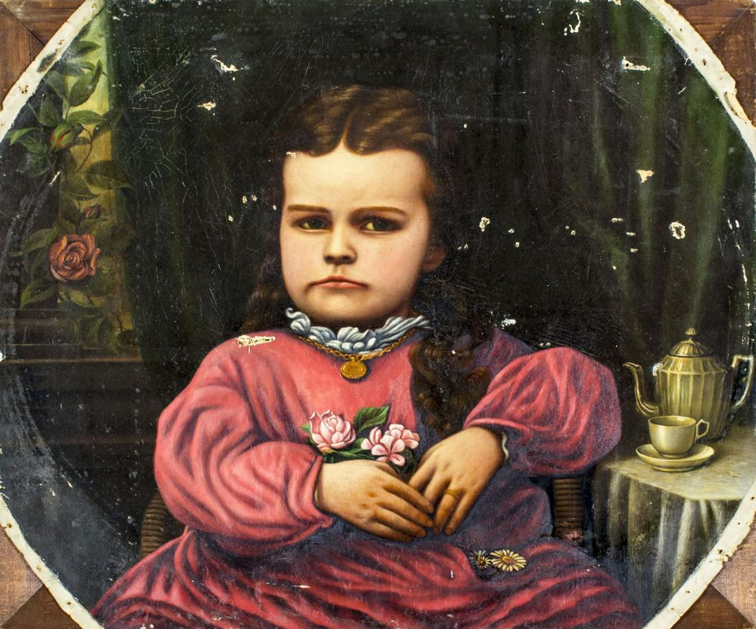 Levi Wells Prentice (NY,CT,1851-1935) oil painting: ARTIST: Levi Wells Prentice (New York, Connecticut, 1851 - 1935) NAME: Portrait of Girl MEDIUM: oil on canvas CONDITION: Round canvas was restretched over rectangular stretcher. Multiple holes/punctur