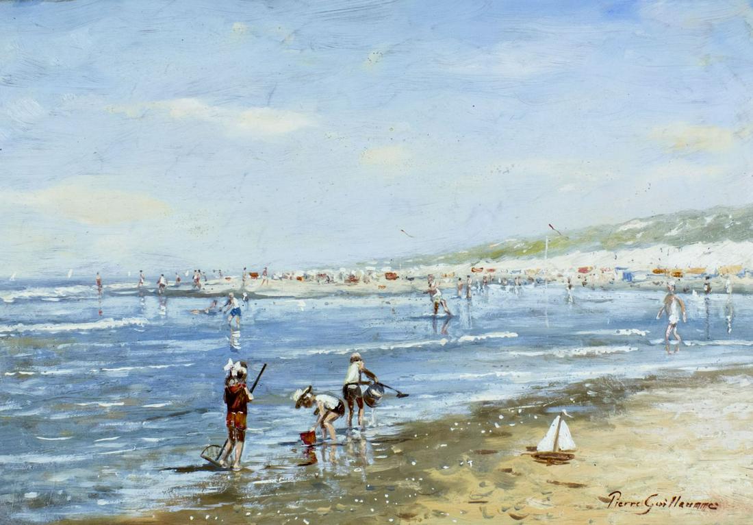 Pierre Guillaume (Dutch,b 1954) oil painting: ARTIST: Pierre Guillaume (Netherlands, born 1954) NAME: Seascape with Children at the Beach MEDIUM: oil on board CONDITION: Very good. No visible inpaint under UV light. Wear to frame. SIGHT SIZE: 18 