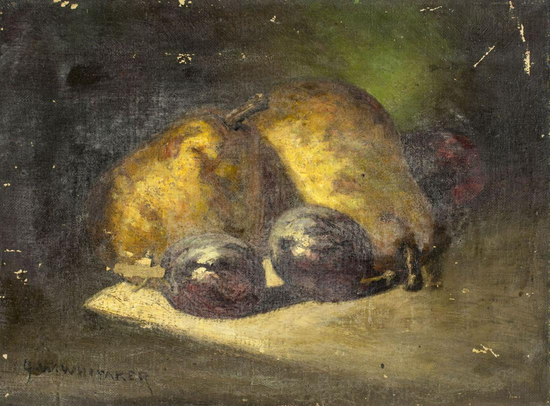 George William Whitaker (RI,NY,MA,1841-1916) oil: ARTIST: George William Whitaker (Rhode Island, New York, Massachusetts, 1841 - 1916) NAME: Still Life with Fruits MEDIUM: oil on canvas CONDITION: Some paint losses. Top and left canvas edges are deta