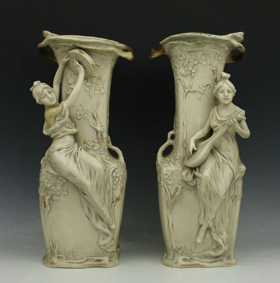Royal Dux art nouveau Vases with Women: MANUFACTURE: Royal Dux (Bohemia, Austria, Czechoslovakia) NAME: Vases with Women NUMBER: 1033 & 1034 CONDITION: Some restoration to one woman and edge of base. NO BOX HEIGHT: 13 inch / 32 cm WIDTH: 5 