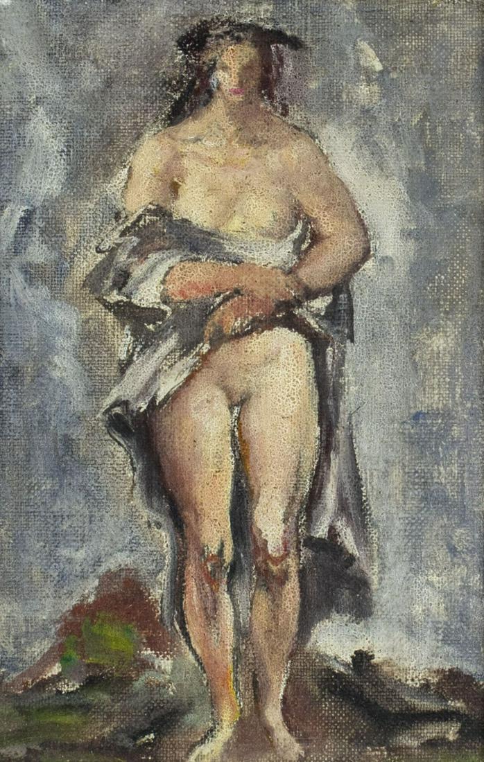 Jon Corbino (NY,MA,1905-1964) oil painting: ARTIST: Jon Corbino (New York, Massachusetts, 1905 - 1964) NAME: Standing Nude MEDIUM: oil on canvas. Canvas applied to board CONDITION: Very good. No visible inpaint under UV light. SIGHT SIZE: 7 x 5