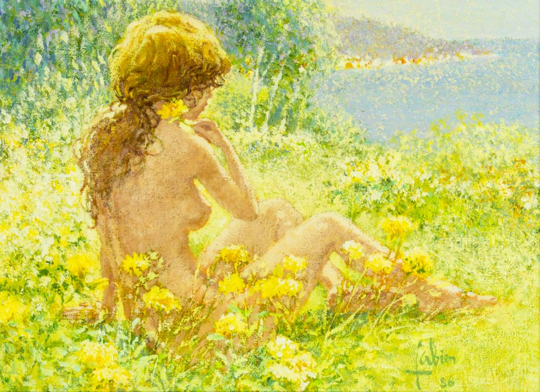 Louis Fabien (US,French,b 1924) oil painting: ARTIST: Louis P Fabien (United States, Belgium, France, born 1924) NAME: Nude Sunbather YEAR: 1986 MEDIUM: oil on canvas CONDITION: Very good. Very minor craquelure. No visible inpaint under UV light.